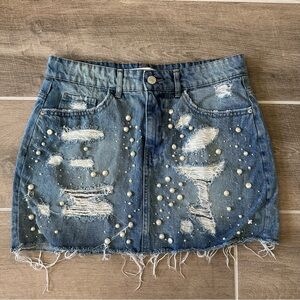 Zara Blue Distressed Denim Skirt with Pearl Details